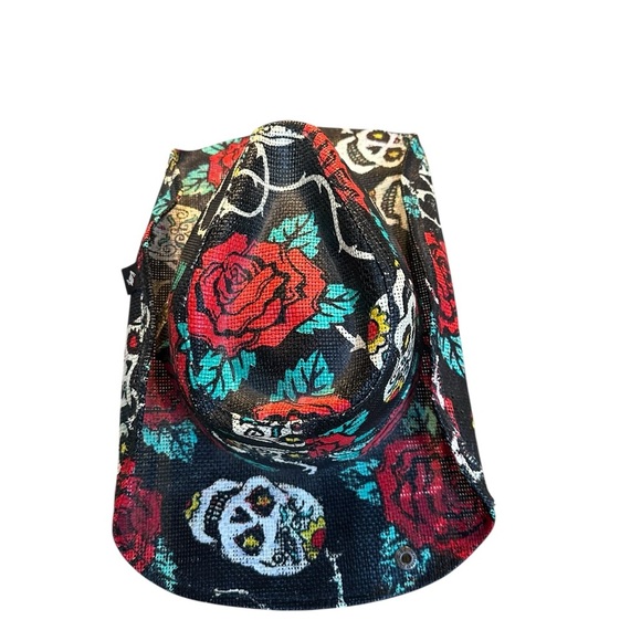 Peter Grimm Cowboy Hat Sugar Skulls/Rose Print Black Cotton Western Cowgirl EUC - Picture 5 of 8